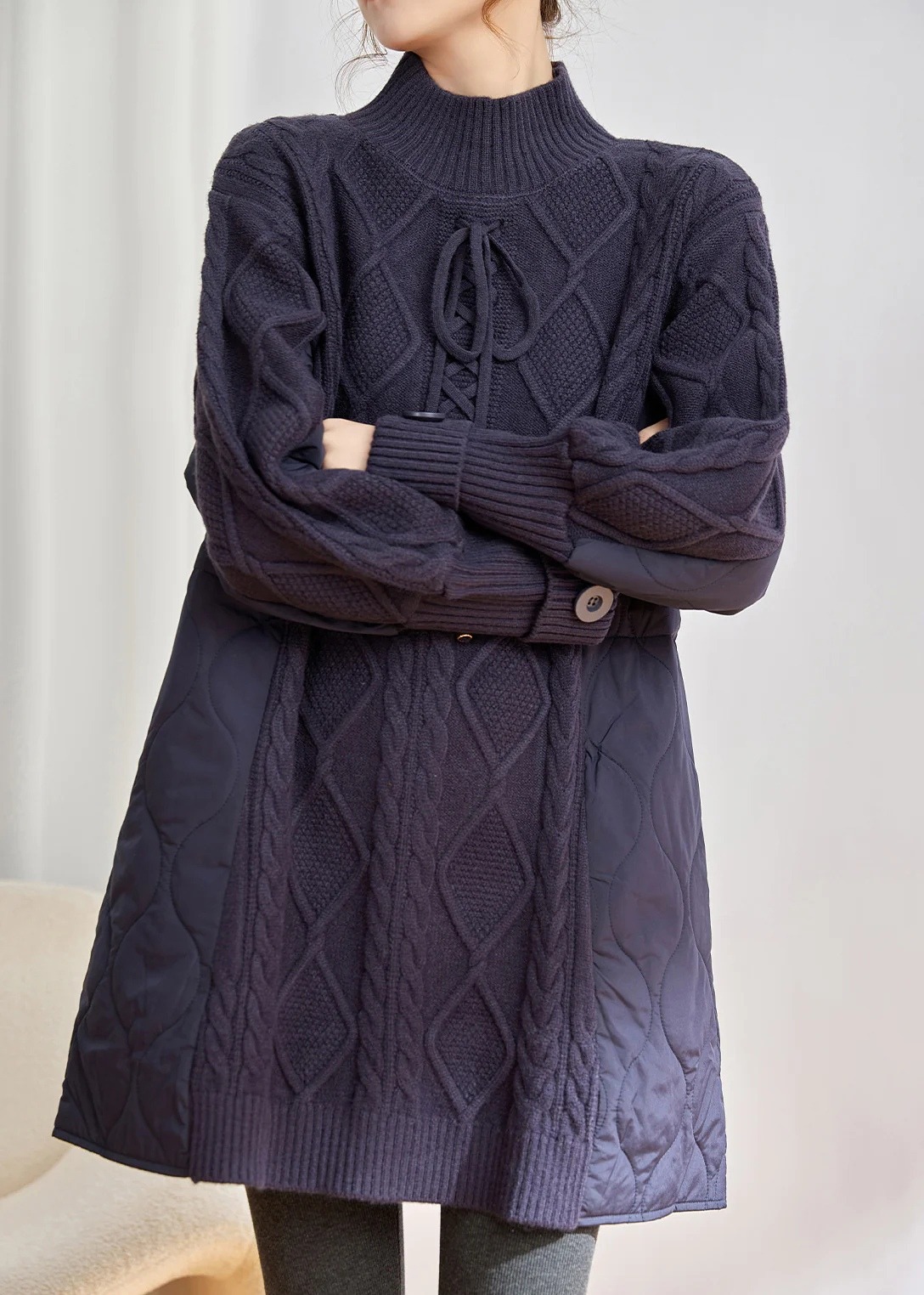 Вязаное платье со вставками из ткани. Схема узора